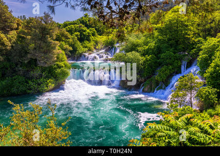 Waterfalls Krka, National Park, Dalmatia, Croatia. View of Krka National Park, Roski Slap location, Croatia, Europe. Beautiful world of Mediterranean  Stock Photo