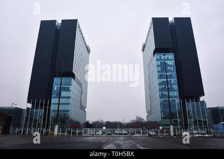 City Gate Towers, Turnurile Portile Orasului, two class A office buildings located in Press Square of Bucharest, capital of Romania. Stock Photo