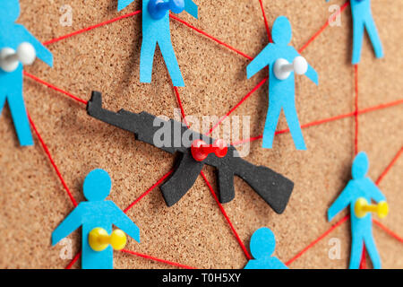 Smuggling weapons around the world. The relationship between the sellers of weapons shows red thread. Stock Photo