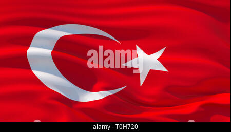 Fluttering silk flag of Turkey in the wind, colorful background. 3d illustration. 4K High quality render Stock Photo