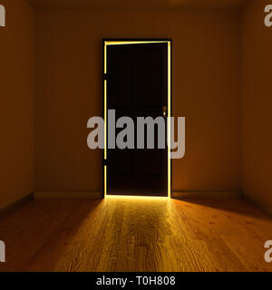 Dark room, wooden floor and an illuminated door Stock Photo