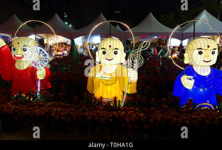 KAOHSIUNG, TAIWAN -- FEBRUARY 9, 2019: Three lanterns in the shape of Buddhist monks are on display at the Lantern Festival. Stock Photo