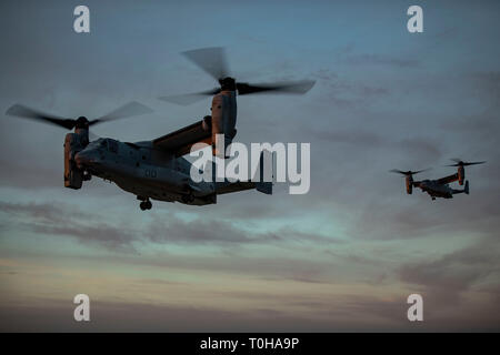 U.S. Marines with Marine Medium Tiltrotor Squadron 165 use MV-22B Ospreys to transfer gear from Marines with Weapons Company, 3rd Battalion, 4th Marines, attached to Special Purpose Marine Air-Ground Task Force Crisis Response-Central Command, in Southwest Asia, March 10, 2019. SPMAGTF-CR-CC is specifically designed to be capable of deploying aviation, ground, and logistics forces forward at a moment’s notice. United international efforts against Daesh will prevent its ability to recruit, train, equip, finance, plan, inspire and conduct violent extremist acts, regionally and globally.  (U.S. M Stock Photo