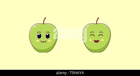Cute Kawaii Apple, Cartoon Ripe Fruit. Vector illustration of Cartoon Green Apple with Charming and Cheerful Face, Funny Emoji. Juicy Fruity Sticker.  Stock Vector