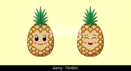 Cute Kawaii Pineapple, Cartoon Ripe Fruit. Vector illustration of Cartoon Pineapple with Charming and Cheerful Face, Funny Emoji. Juicy Tropical Stick Stock Vector