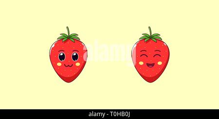 Cute Kawaii Strawberry, Cartoon Ripe Fruit. Vector illustration of Cartoon Red Strawberry with Charming and Cheerful Face, Funny Emoji. Juicy Berry St Stock Vector