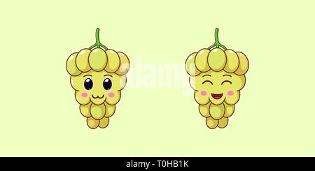 Cute Kawaii Grape, Cartoon Ripe Berries. Vector illustration, Cartoon Bunch of White Grapes with Charming and Cheerful Face, Funny Emoji. Juicy Fruity Stock Vector