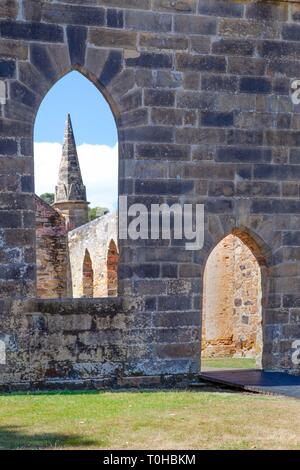 The Convict church, never consecrated, is an iconic building at the open air museum of Port Arthur Historic Site. Stock Photo