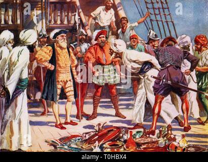 Vasco da Gama ; Portuguese explorer ; merchants of Calicut held as hostages during voyage ; 1st Count of Vidigueira ; Kozhikode ; Kerala ; India ; Asia Stock Photo