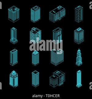 Vector Isometric Holography City Building Set. Vector Isometric City Building Icon Isolated on Black Background. Private House, Skyscraper, Real Estat Stock Vector
