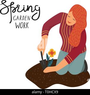 The women planted a seedling flowers in the ground isolated on a white. Vector illustration in cute flat style Stock Vector