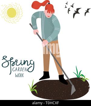 The woman cultivate the land with a hoe for planting isolated on a white background .Vector illustration in flat style. Stock Vector