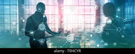 Technology industrial business process workflow organisation structure on virtual screen. IOT smart industry concept mixed media diagram Stock Photo