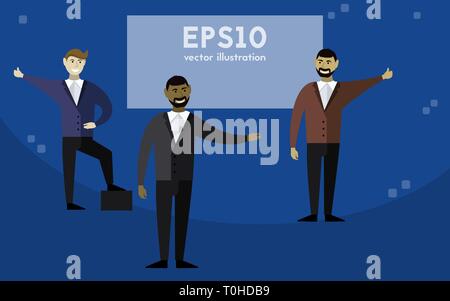 Three men are giving a presentation. Vector illustration. Flat design. Stock Vector