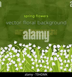 Lily of the valley border, frame, spring bouquet of delicate flower, vector illustration. White buds forest flowers bluebells and leaves on green text Stock Vector