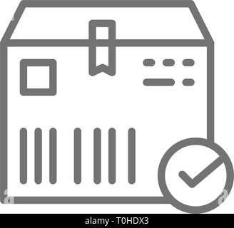 Cardboard box with check mark, cargo delivered, delivery verified line icon. Stock Vector