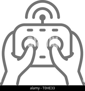 Hands holds remote controller, control panel for drone, gamepad line icon. Stock Vector
