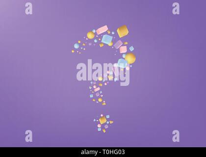 question sign of 3d figures realistic vector primitives composition  with flying objects and  shapes in motion isolated on purple background. Material Stock Vector