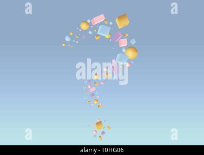 question sign of 3d figures realistic vector primitives composition  with flying objects and  shapes in motion isolated on blue background. Material d Stock Vector