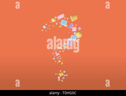 question sign of 3d figures realistic vector primitives composition  with flying objects and  shapes in motion isolated on orange background. Material Stock Vector