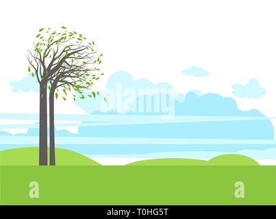 Trees and sky flat landscape. Season nature illustration. Stock Vector