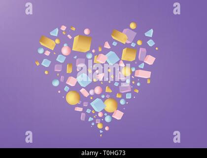 Heart  sign of 3d figures realistic vector primitives composition  with flying objects and  shapes in motion isolated. Material design for web and pri Stock Vector