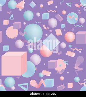 Seamless pattern of 3d figures realistic primitives composition  with flying objects and  shapes in motion isolated on blue background. Material desig Stock Vector