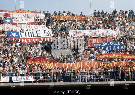 sports, football, world championship, world championship 1974, world championship final, group game, Germany versus Chile (1:0), Chilean spectators, Berlin West, Germany, 14.6.1974, Additional-Rights-Clearance-Info-Not-Available Stock Photo