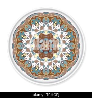 Colorful decorative plate with pattern on white background. Home decor background, Interior decoration, kitchen plate. Vector illustration. Stock Vector
