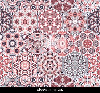 Abstract seamless pattern tiles. Colorful vector set of hexagonal elements for design of wallpaper, fabric or wrapping paper. Stock Vector