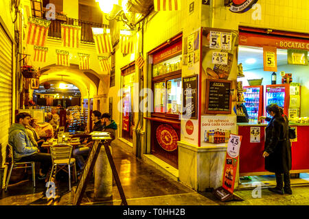 Spain Valencia bar in Old Town street at Night, Valencia Nightlife Stock Photo