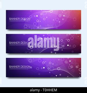 Abstract molecules banners set with lines, dots, circles, polygons. Vector design network communication background. Futuristic digital science Stock Vector