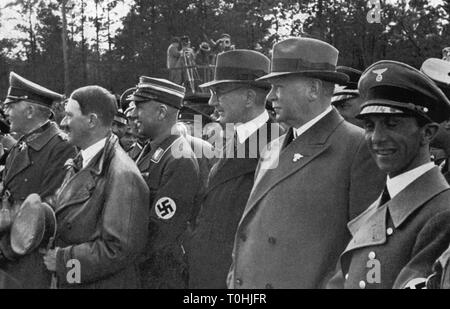 National Socialism, architecture, motorway construction, opening of the route Frankfurt - Darmstadt, lefthand: Imperial War Minister Werner von Blomberg, Inspector General Fritz Todt, President of the Reichsbank Hjalmar Schacht, managing-director of the Reichsbahn Julius Dorpmueller, Reich Minister of Propaganda Joseph Goebbels, 1935, Additional-Rights-Clearance-Info-Not-Available