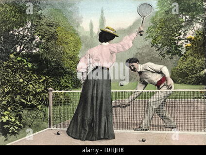 sports, tennis, tennis player at net, with tennis racket, Germany, 1904, Additional-Rights-Clearance-Info-Not-Available Stock Photo