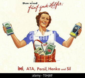 advertising, household, Henkel products, housewife with IMI, ATA, Henko, Sil and Persil, extract out of an advertising leaflet, Germany, circa 1939, Additional-Rights-Clearance-Info-Not-Available Stock Photo
