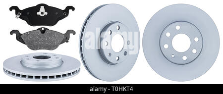 set collection of automotive car parts brake steel disc and pad isolated on white background Stock Photo