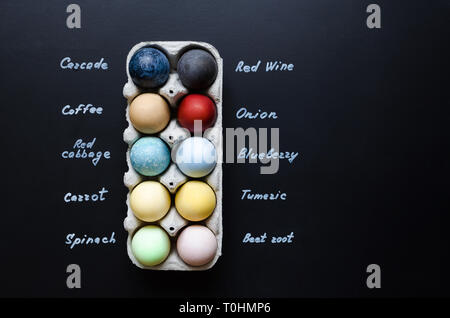 Easter eggs painted with natural egg dye from fruits and vegetables. Homemade naturally dyed Easter eggs. Stock Photo