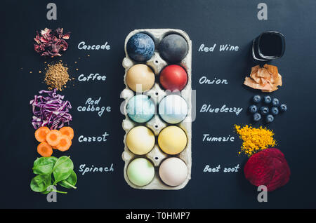 Easter eggs painted with natural egg dye from fruits and vegetables. Homemade naturally dyed Easter eggs with ingredients. Stock Photo