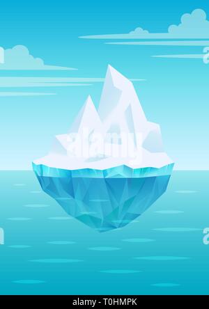 Iceberg floating on water waves with underwater part, bright blue sky with clouds, freshwater ice, glacier or ice shelf piece, vector Stock Vector