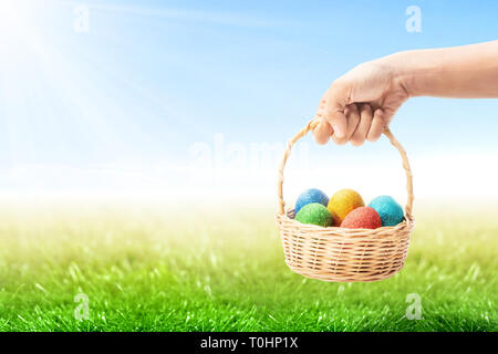 Human hands holding wooden basket with colorful easter eggs with green grass over blue sky background. Happy Easter Stock Photo