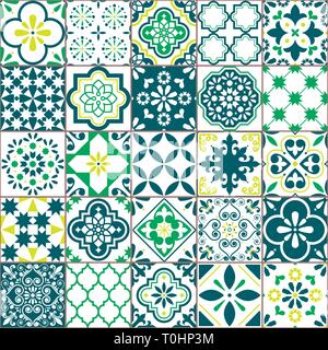 Lisbon Azujelo vector seamless tiles design - Portuguese retro pattern in turqouoise and yellow, tile big collection Stock Vector