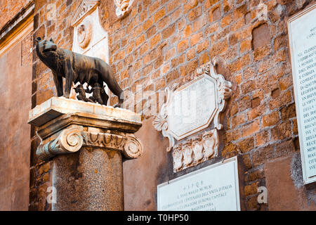 Close-up of the statue of the Capitoline wolf with Romulus and Remus, symbol of the city of Rome, on an ancient marble and stone column and with Latin Stock Photo