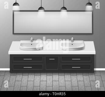 Modern realistic bathroom interior design. Bathroom furniture with bathroom sink and mirror grey wall with wooden floor. vector illustration Stock Vector