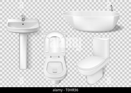 Realistic bathroom collection template. White clean toilet, bowl, sink, washroom basin. Mockup of toilet and sink for Modern bathroom interior. Vector Stock Vector