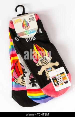 Pack of Good Luck Trolls socks Made in China isolated on white background Stock Photo