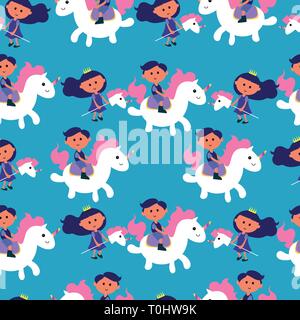 seamless pattern with cute unicorn and princess vector illustration on blue background. Colorful vector illustration for fabric print, wallpaper, gree Stock Vector