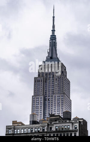 Empire State Building in New York City as seen from the ground.