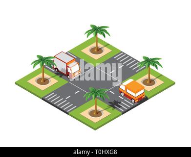 Crossroad road isometric 3D city street with cars, trees Stock Vector ...
