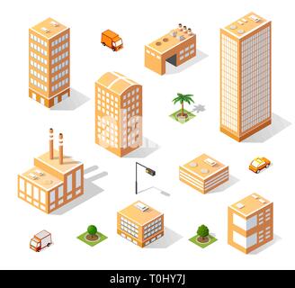 City skyscrapers isometric set of isolated images with outdoor looks of ...