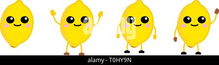 Cute kawaii style lemon fruit icon, large eyes, smiling. Version with hands raised, down and waving. Stock Vector
